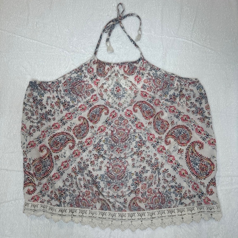 Billabong Y2k Surfer Womens Paisley Halter Top Cream Crochet Lace Boho Large